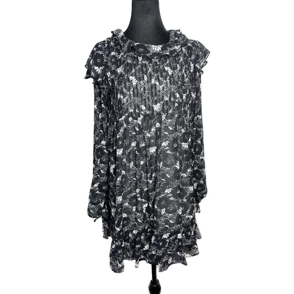 Free People These Dreams Boho Black Floral Chiffon Ruffled Mini Dress Size XS